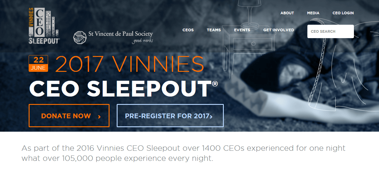 2017 Vinnies CEO Sleepout event banner showing a person sleeping outdoors to raise awareness of homelessness.