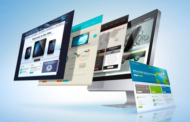 Multiple layered website pages displayed emerging from a computer monitor on a blue background.