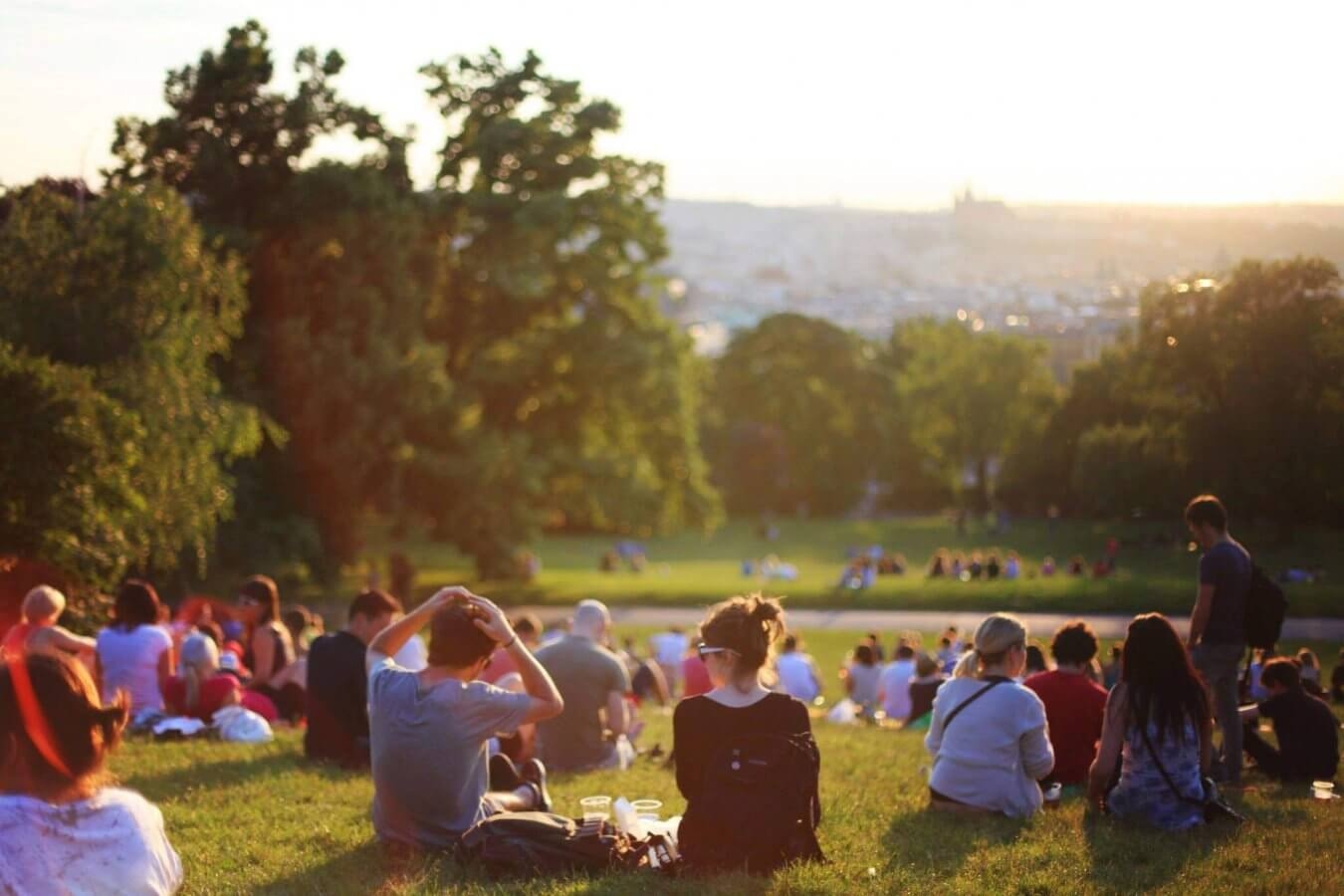 People sitting and relaxing on a grassy hill in a park during a sunny late afternoon.