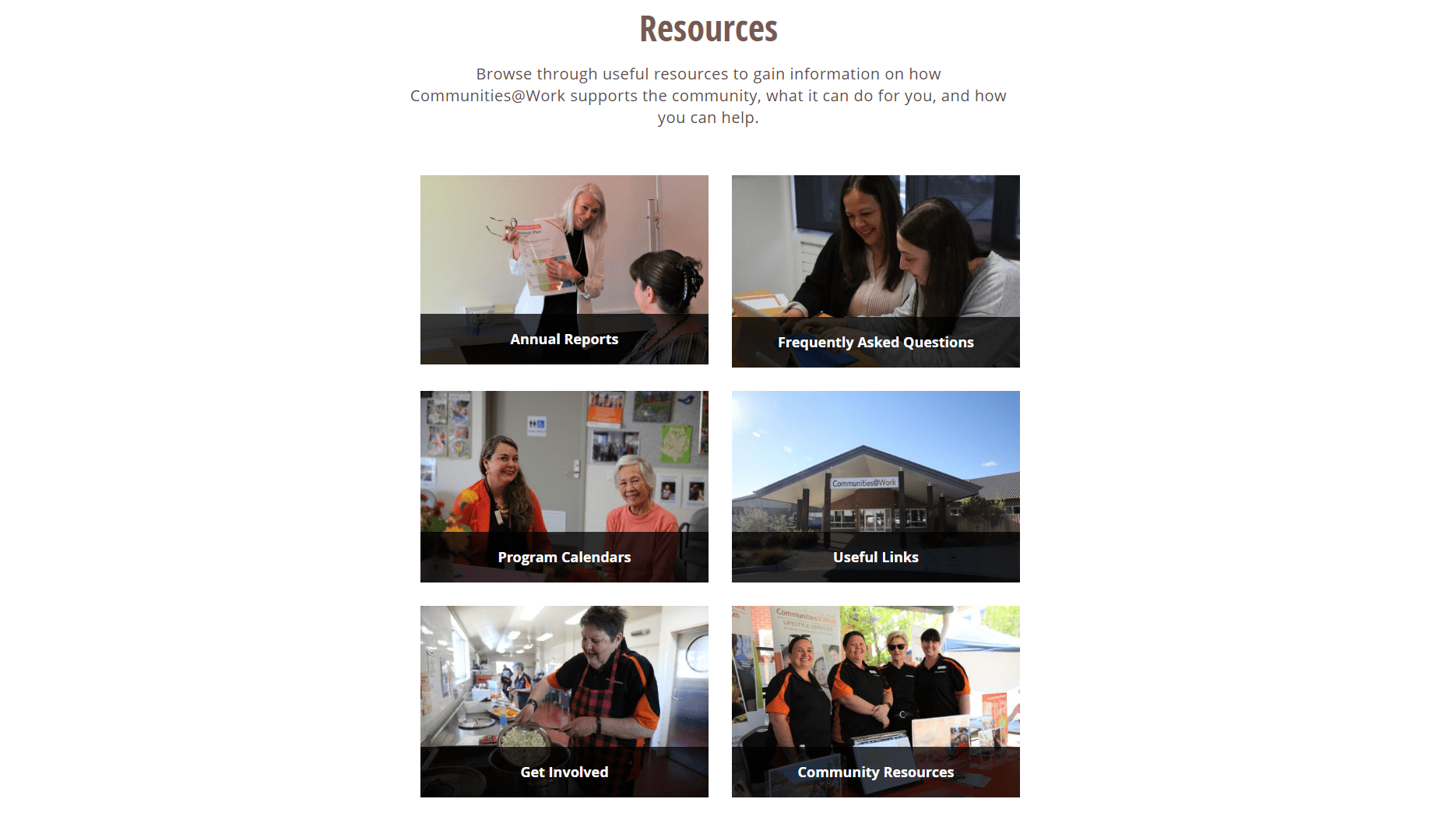 Grid of six resource categories with images and titles under "Resources" heading on a webpage.