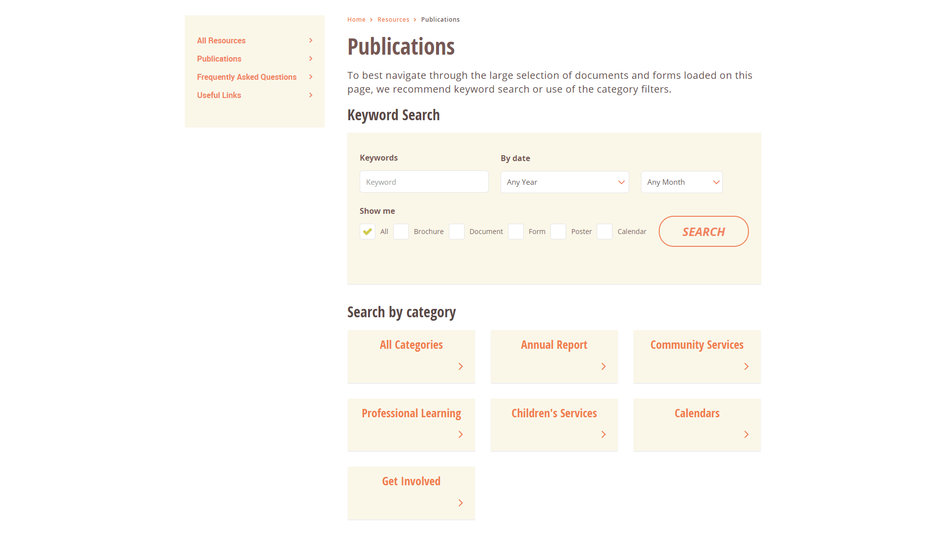 Publications page with keyword search and category filters for documents and forms.