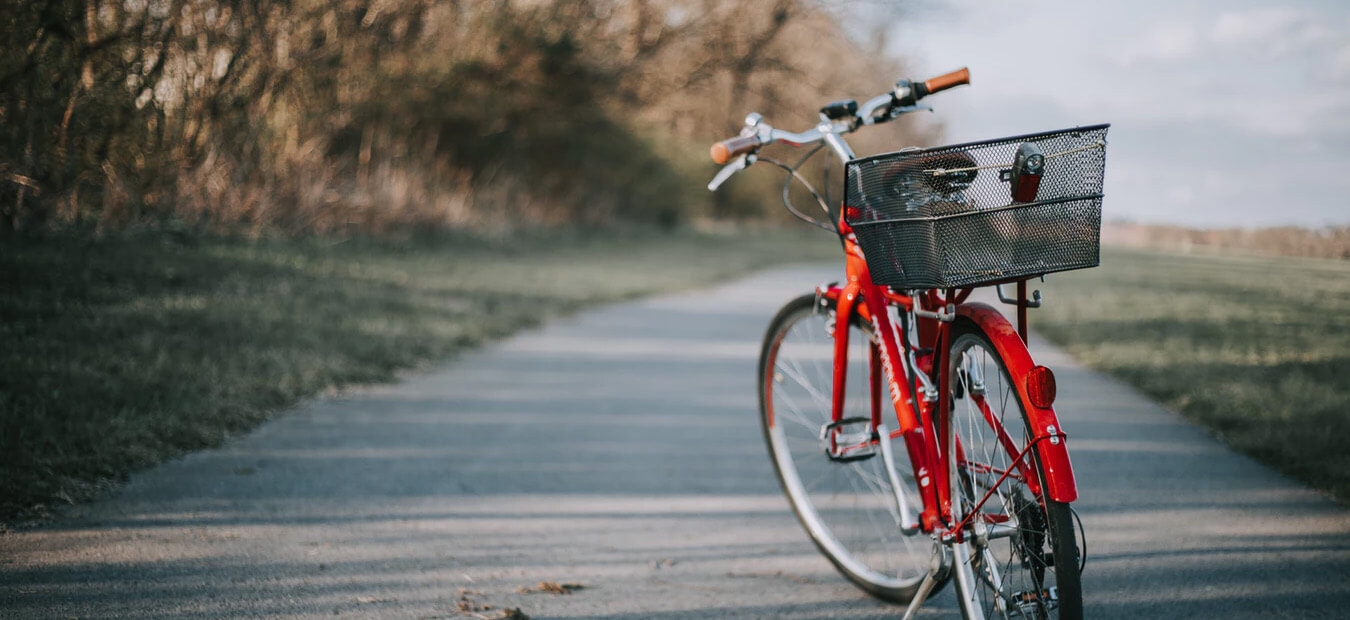 Red bicycle with a front basket parked on a paved path, bordered by grass and trees under a cloudy sky.
