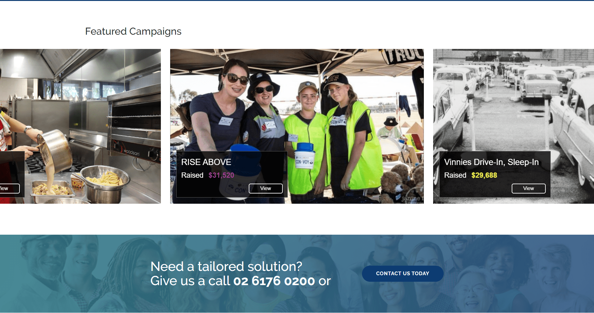 Three featured campaign images: cooking in kitchen, group in yellow vests, and vintage car line-up.