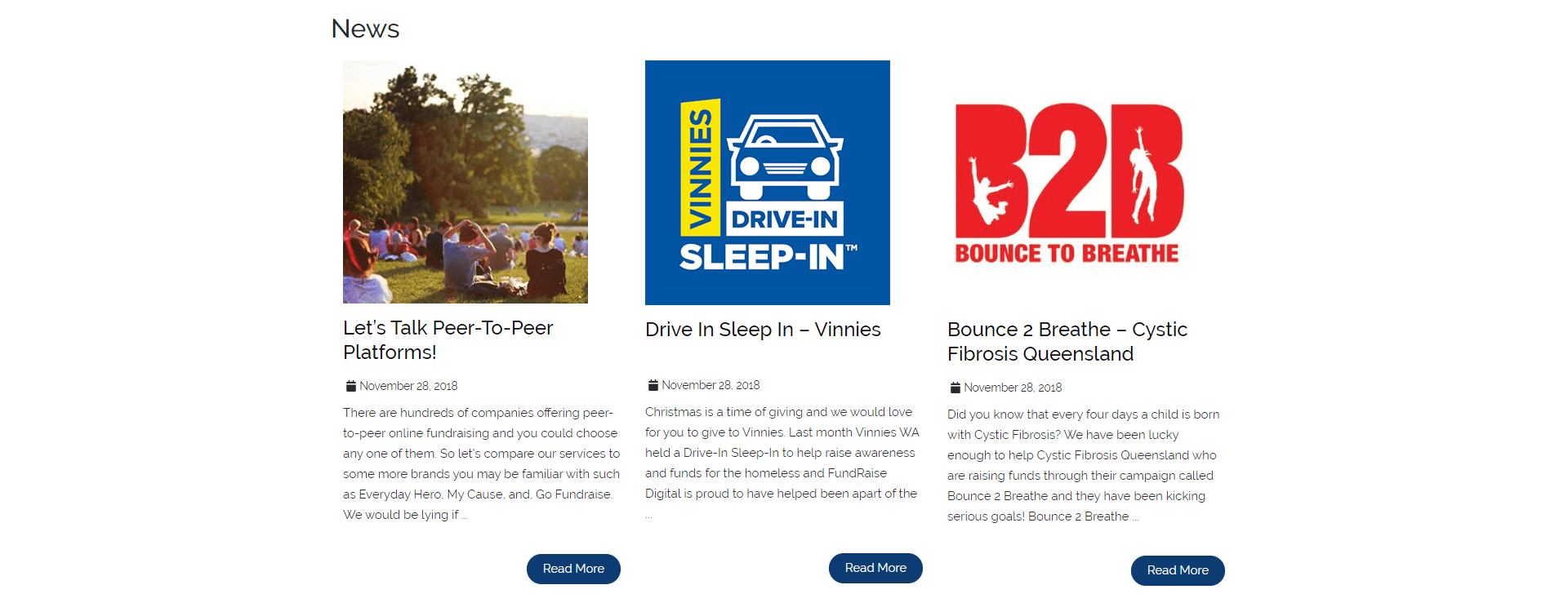 News section with three articles on peer-to-peer platforms, Vinnies Drive-In Sleep-In, and cystic fibrosis.