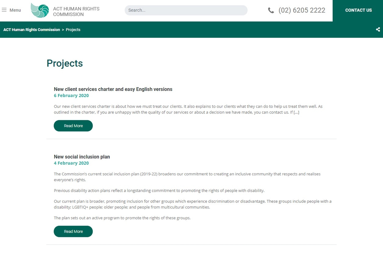 Website page listing ACT Human Rights Commission projects on client services and social inclusion plans.