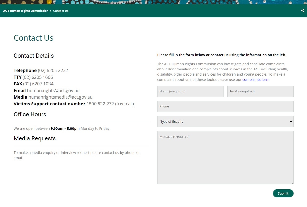 Contact page of ACT Human Rights Commission with phone, email, office hours, and contact form details.