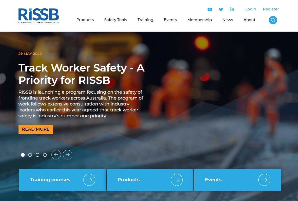 Screenshot of RISSB website homepage featuring a safety program for track workers.
