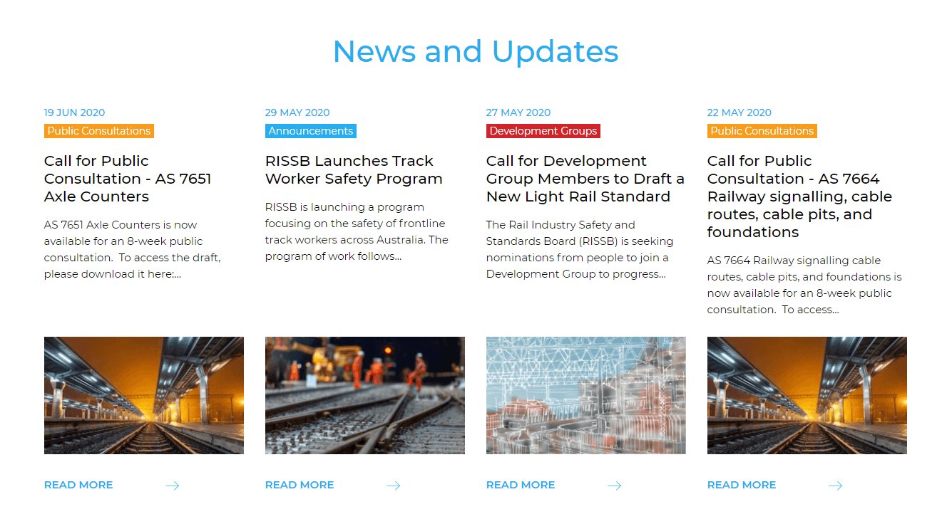 News and Updates webpage showing public consultations, announcements, and development groups with railway images.