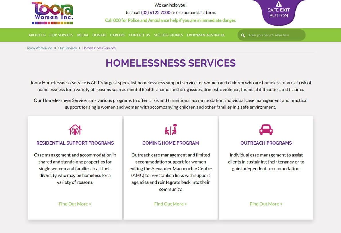 Homelessness services for women and children including residential, coming home, and outreach programs.