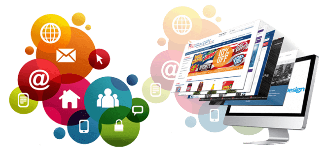 Colorful digital icons representing internet, communication, and social media around a desktop computer.