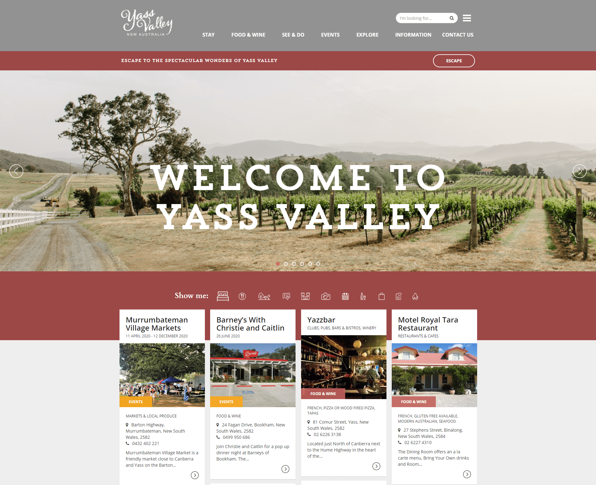 Scenic vineyard and rural road landscape with overlay text "Welcome to Yass Valley" on tourism website.