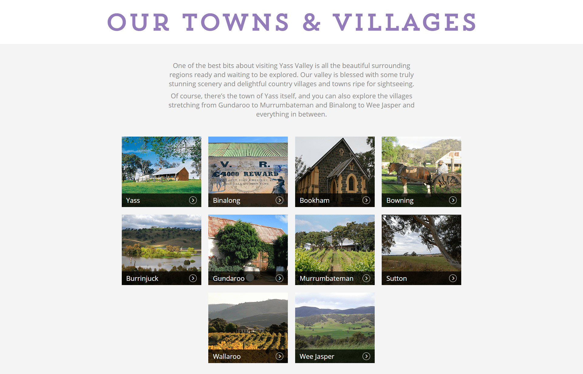 Images of Yass Valley towns and villages including Yass, Binalong, Bookham, and others with scenic views.