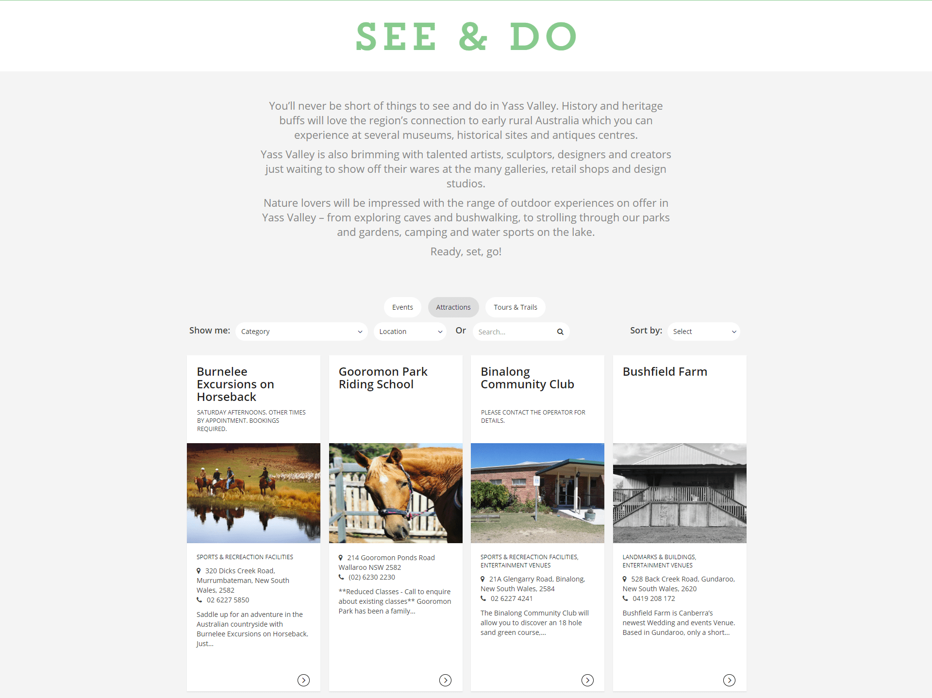 Yass Valley see & do page showing local attractions including horseback rides, riding school, club, and farm.