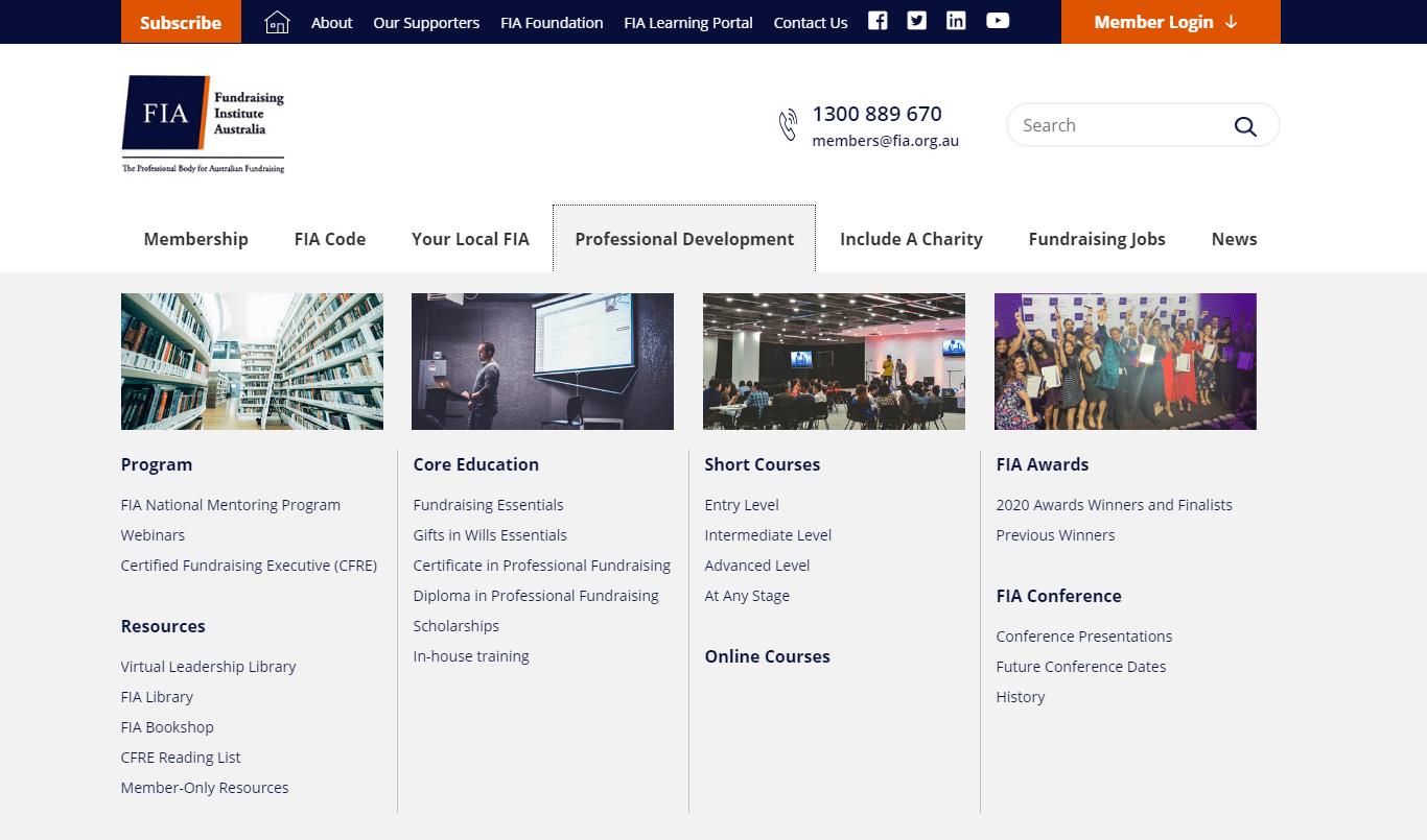 Website menu showing Professional Development options on the Fundraising Institute Australia page.