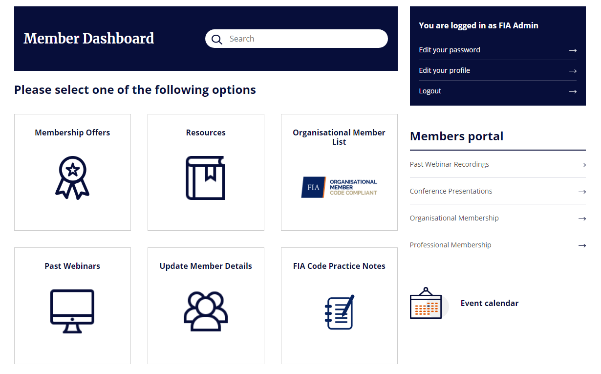 Member Dashboard with options for Membership Offers, Resources, Member List, Webinars, and Profile Settings.