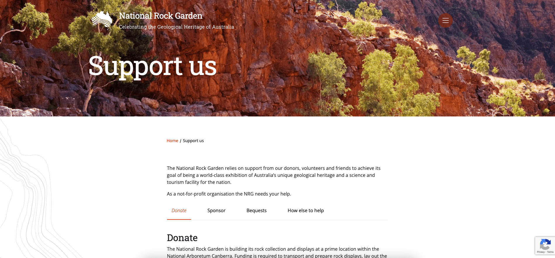 Alt text: Red rocky cliffs with green trees at National Rock Garden, Australia, support us page.
