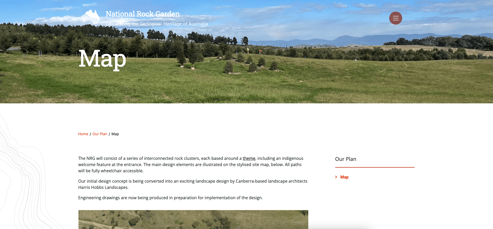 Wide green landscape with trees, hills, and blue sky, site of the National Rock Garden map.
