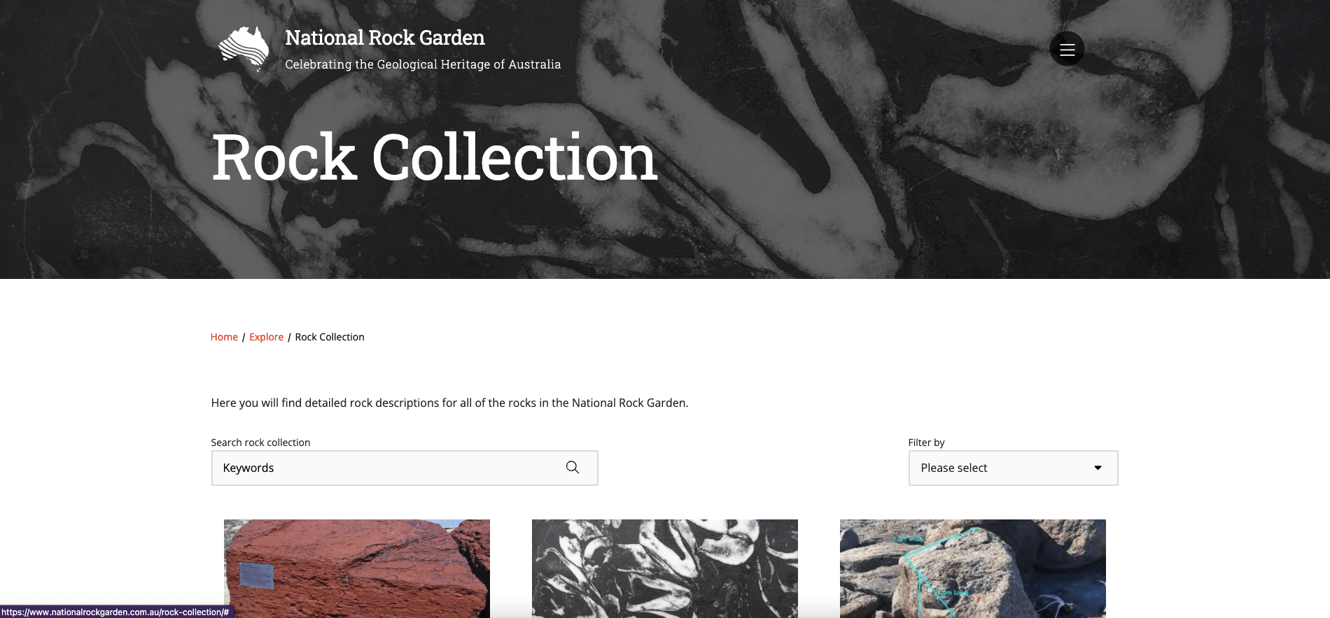 Website page titled "Rock Collection" from the National Rock Garden showcasing geological heritage.