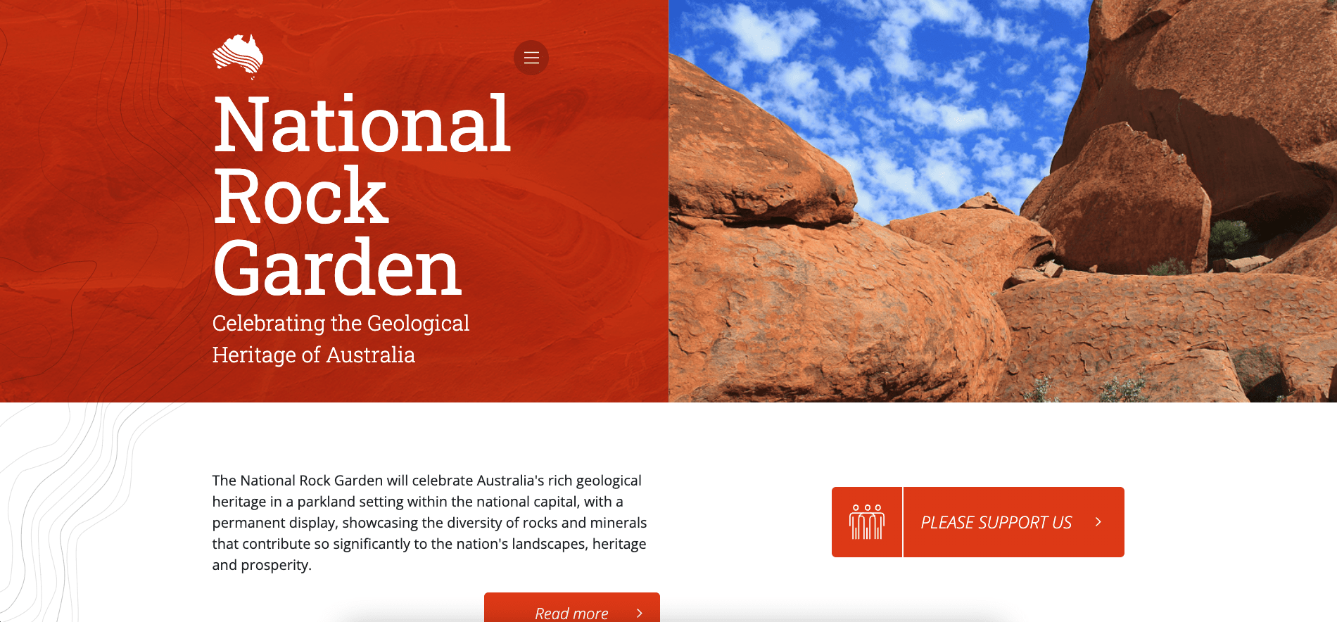 Website homepage for National Rock Garden with red rocks and blue sky in the background.