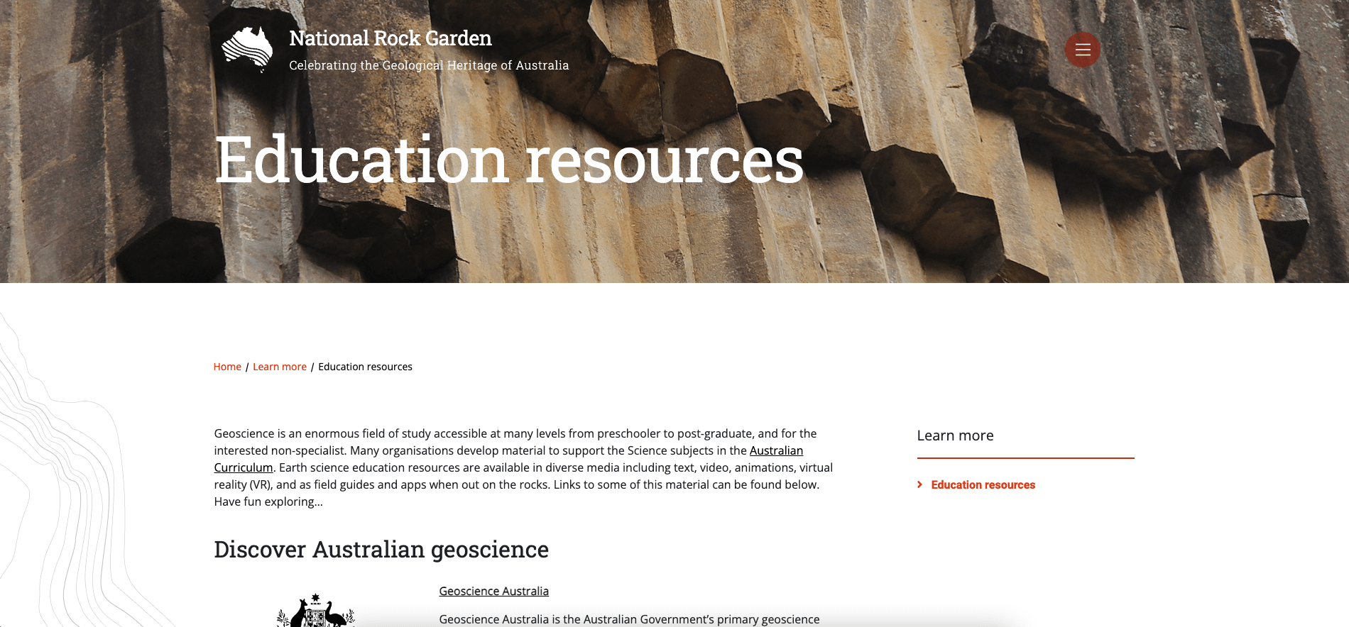 Website page titled "Education resources" on National Rock Garden with rock formations background.