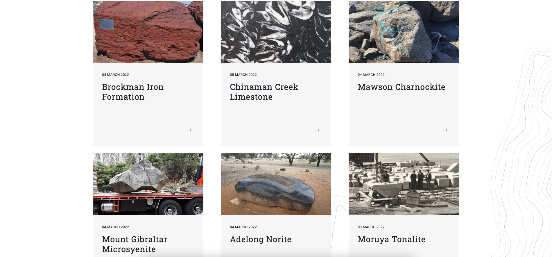 Alt text: Various rock samples and formations labeled Brockman Iron, Chinaman Creek Limestone, Mawson Charnockite, Mount Gibraltar Microsyenite, Adelon Norite, and Moruya Tonalite.