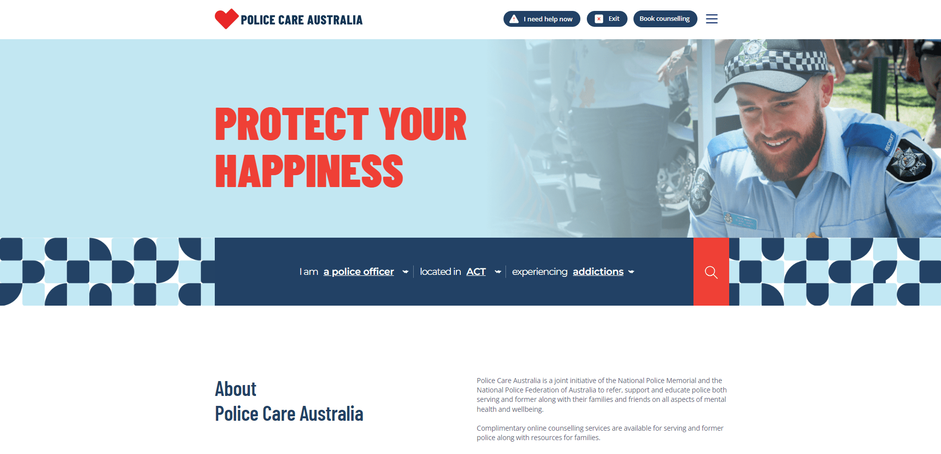 Website homepage of Police Care Australia with the message "Protect your happiness" and a smiling police officer.