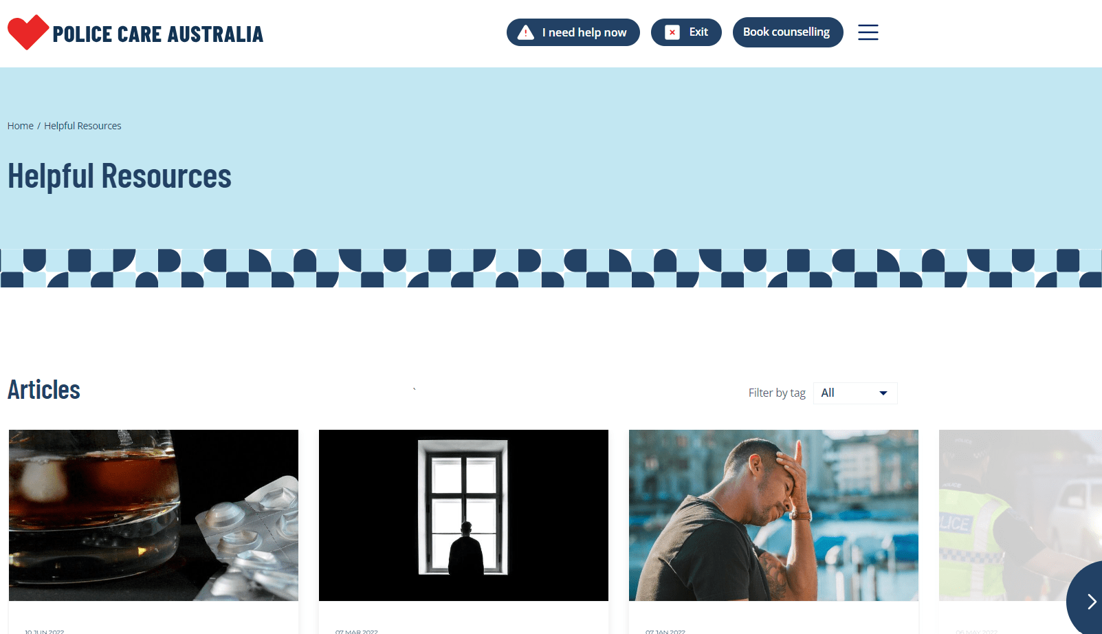 Website page titled Helpful Resources from Police Care Australia with article previews and navigation buttons.