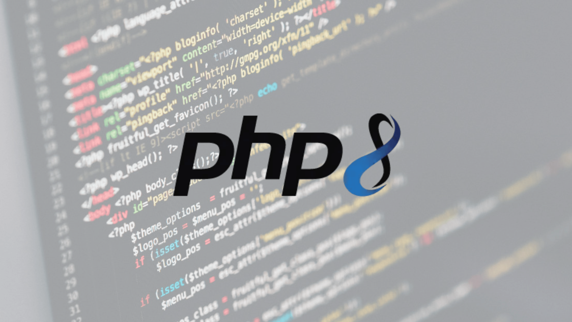 PHP 8 logo overlaying blurred PHP code on a computer screen.