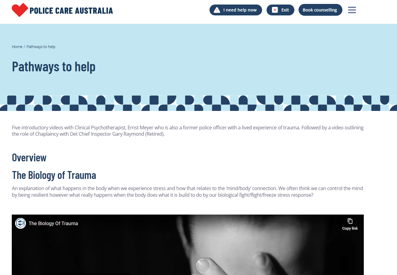 Website page titled "Pathways to help" from Police Care Australia, featuring trauma support info.