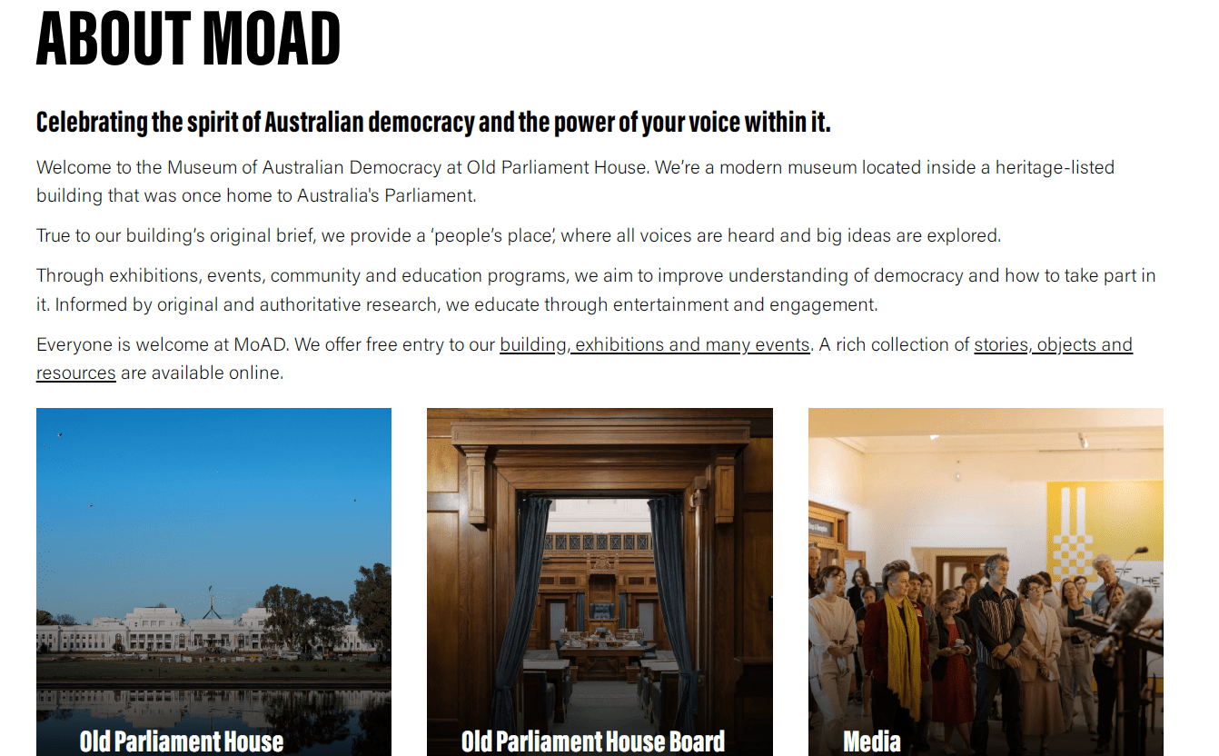 Text about Museum of Australian Democracy with images of Old Parliament House, interior boardroom, and media event.