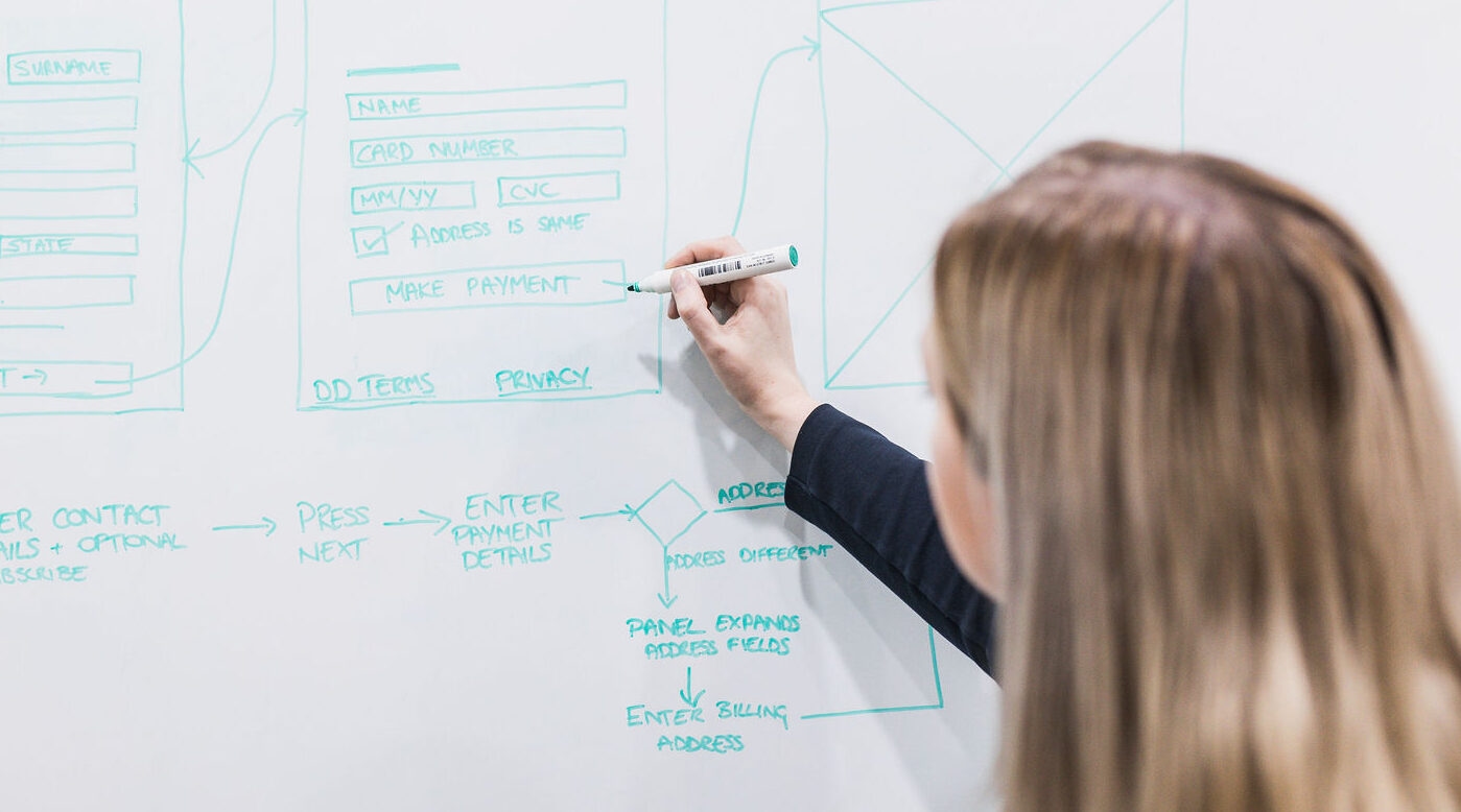 Person writing a payment form and flowchart details on a whiteboard with a green marker.