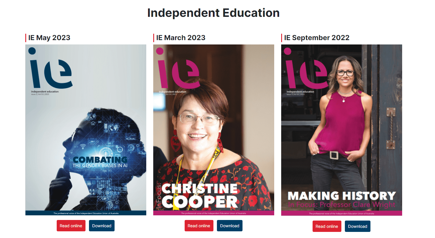 Covers of Independent Education magazine from May 2023, March 2023, and September 2022 with featured topics and portraits.