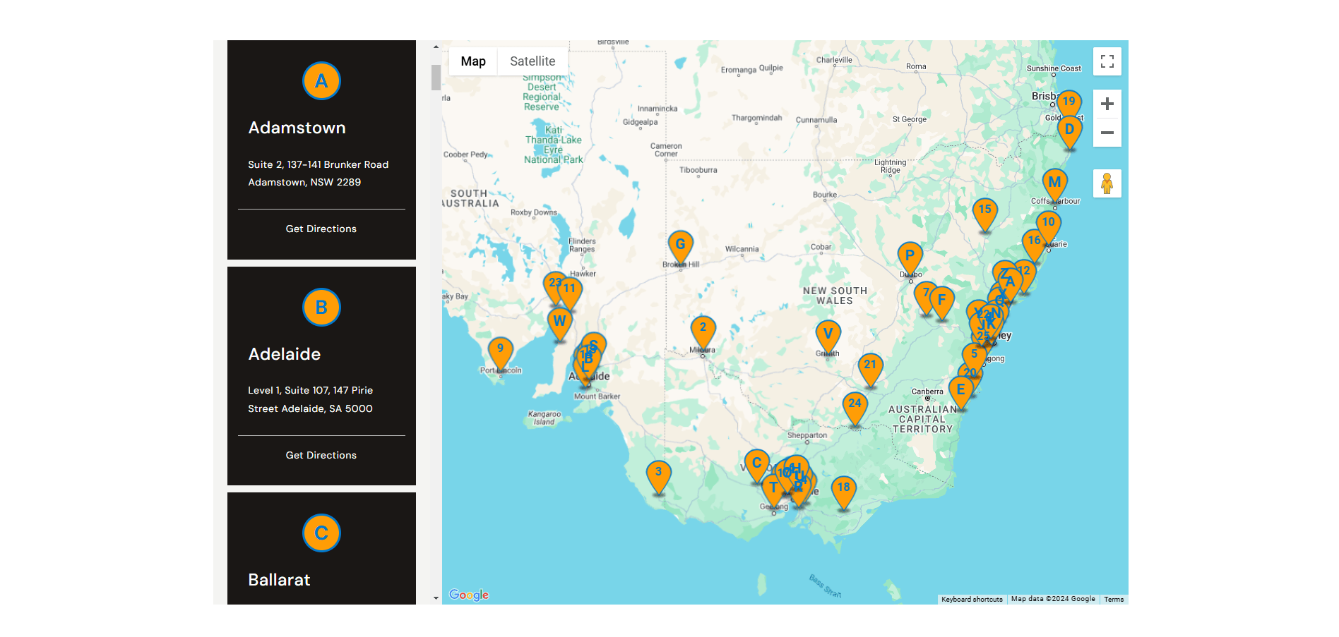 Map of southeastern Australia with multiple orange location markers and addresses for Adamstown, Adelaide, and Ballarat.