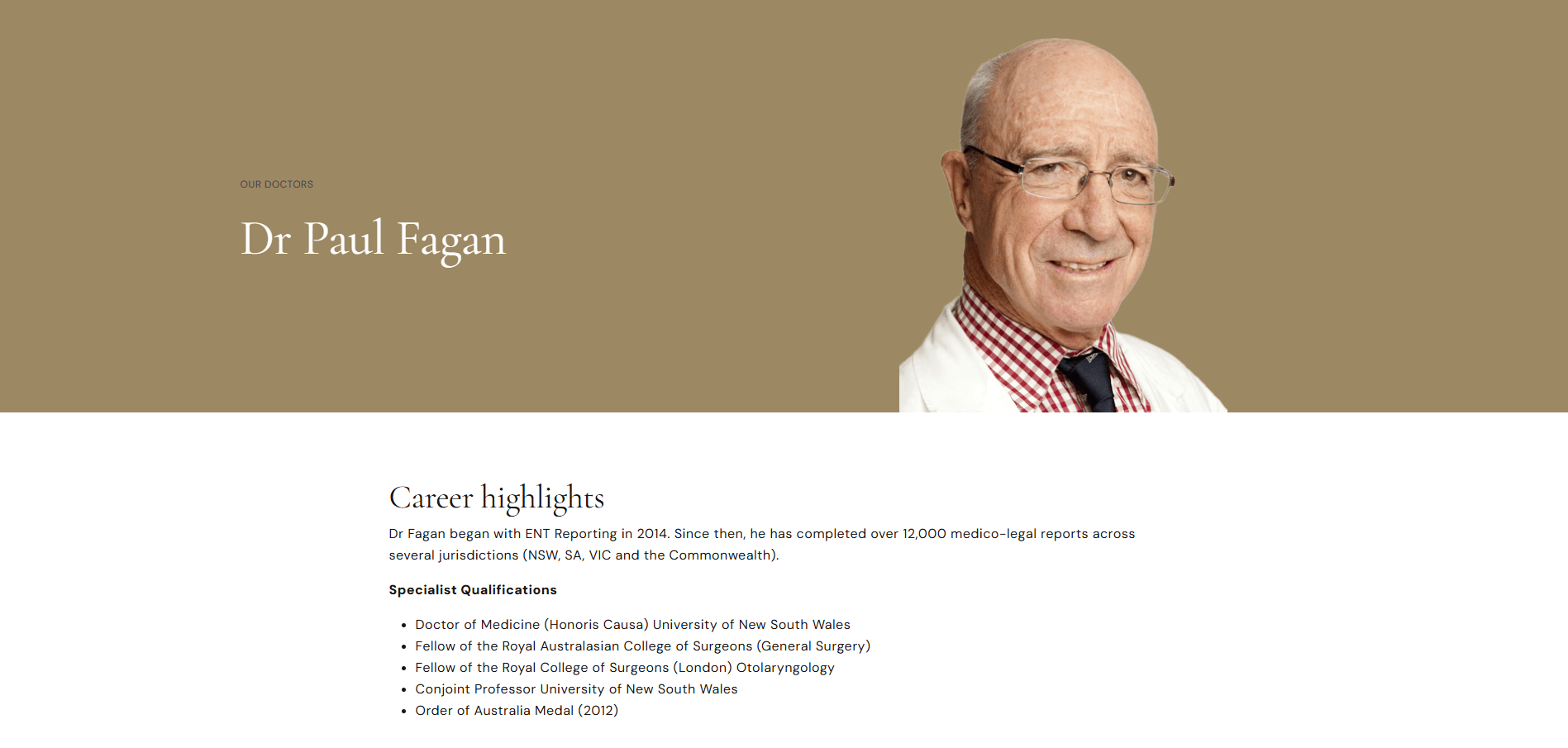 Portrait of Dr. Paul Fagan with career highlights and qualifications on a beige and white background.