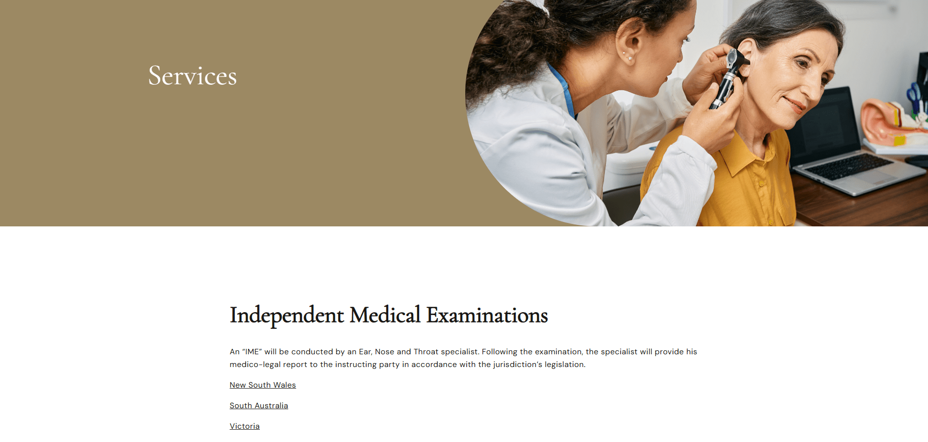 Doctor examining a woman's ear using an otoscope in a medical office setting.