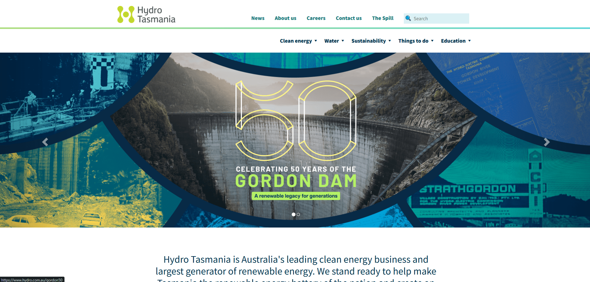 Alt text: "Celebrating 50 years of the Gordon Dam with scenic dam and historical images."
