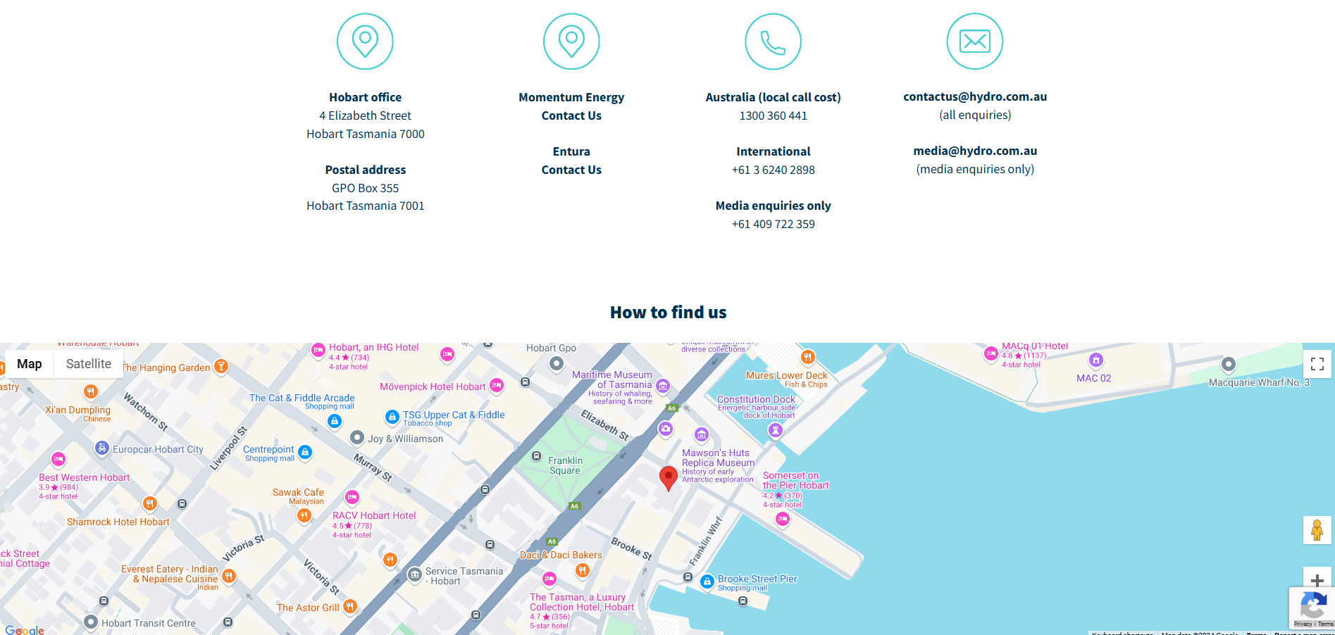 Contact details and location map of Hobart office at 4 Elizabeth Street, Tasmania.