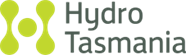 Hydro Tasmania logo with green abstract shapes and text on a white background.