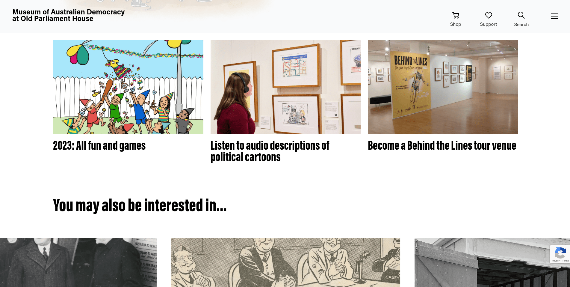 Three images featuring a cartoon party, a woman listening to cartoons, and a gallery exhibition space.