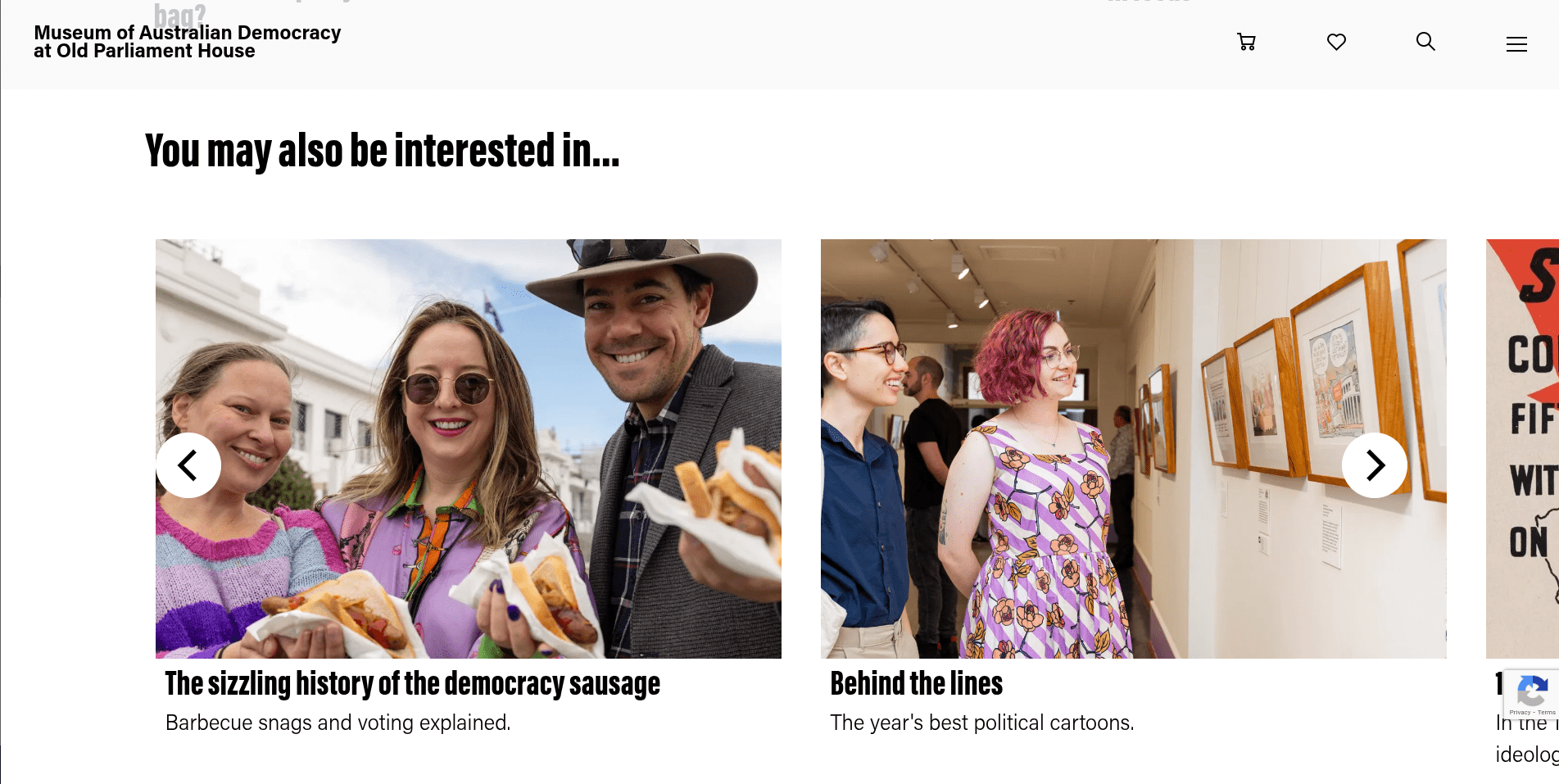 Three people smiling outdoors holding barbecue sausages, a man with a hat and two women.