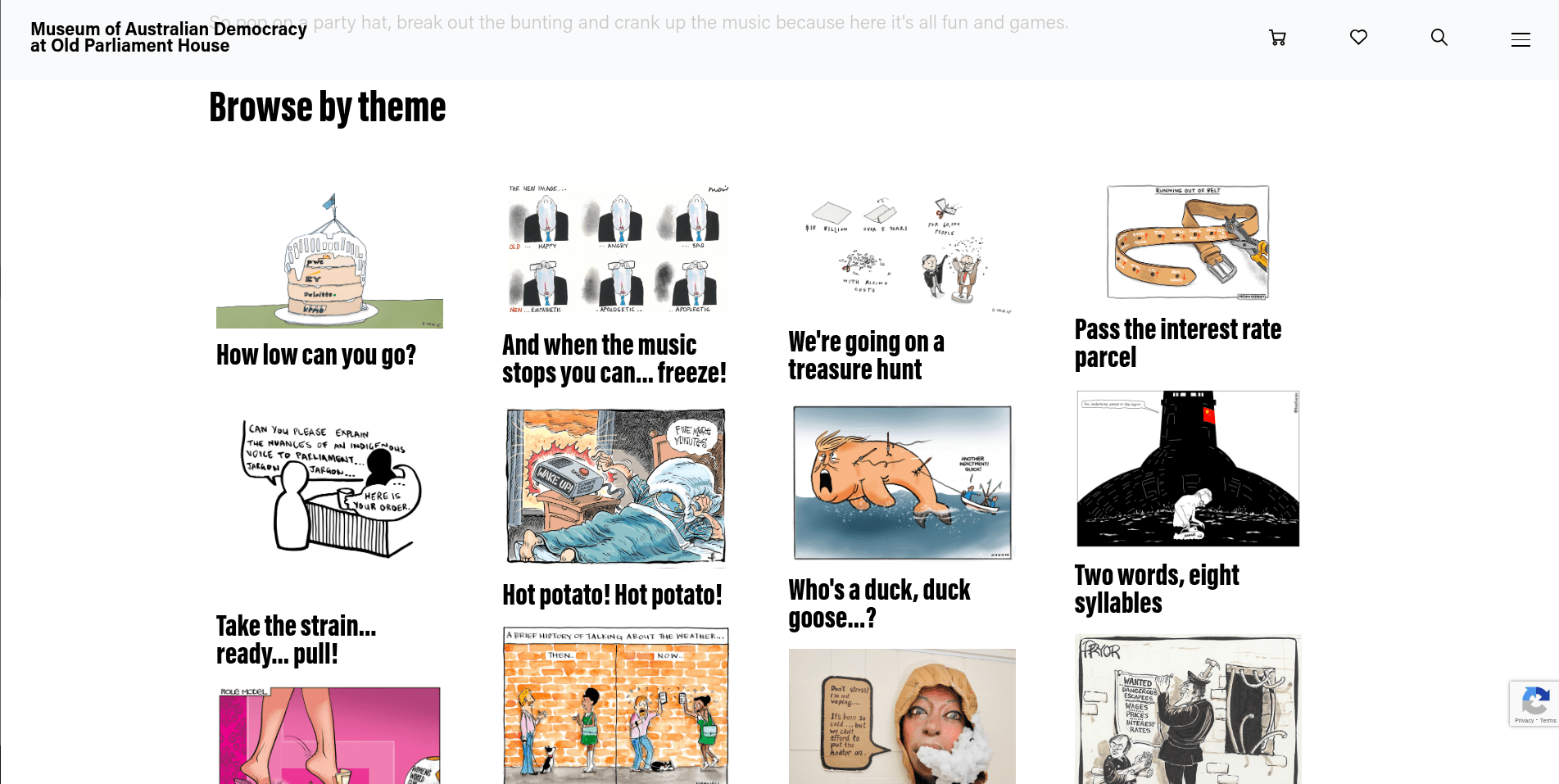 Cartoon thumbnails with titles on economic and political themes from Museum of Australian Democracy.