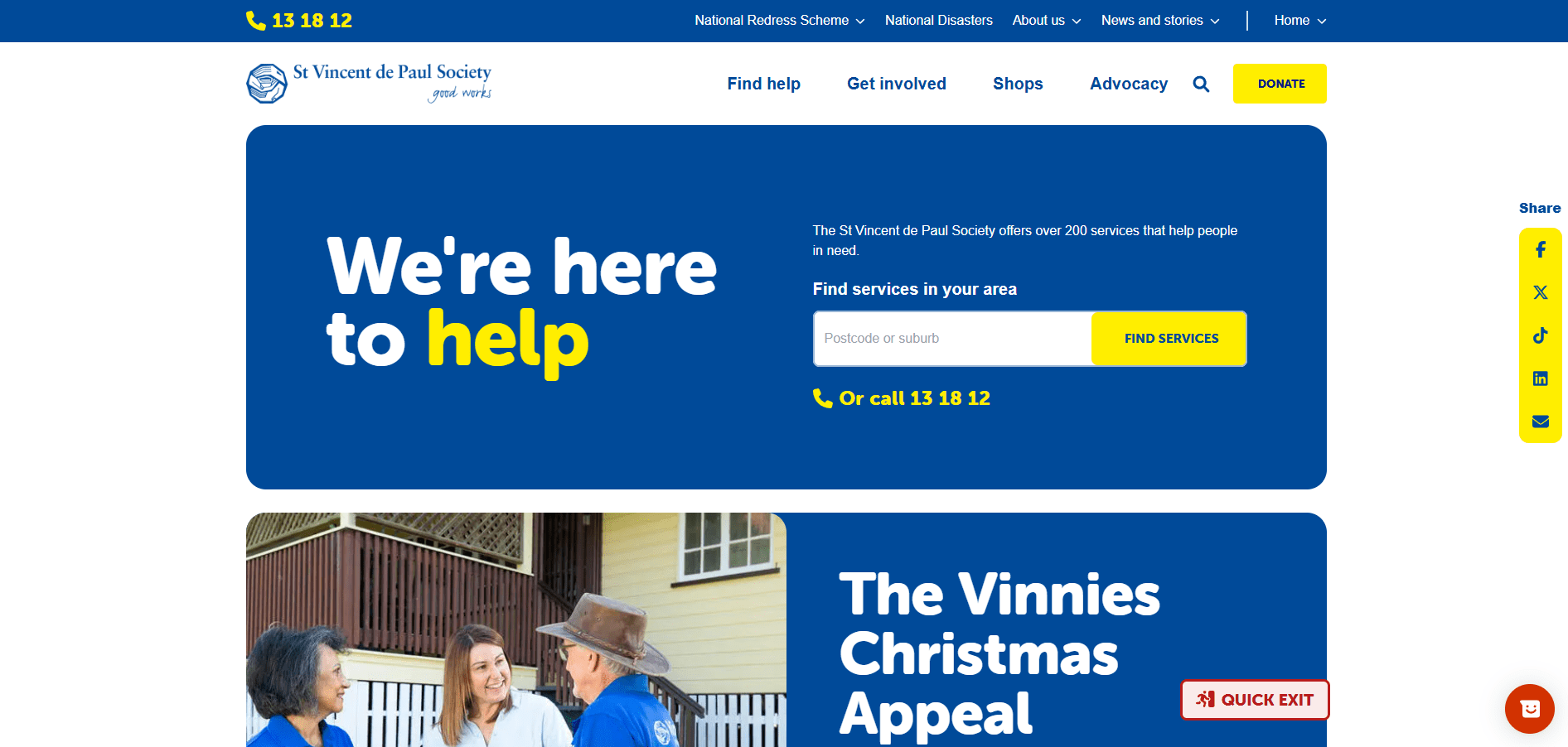 St Vincent de Paul Society webpage offering help with service search by postcode or call 13 18 12.