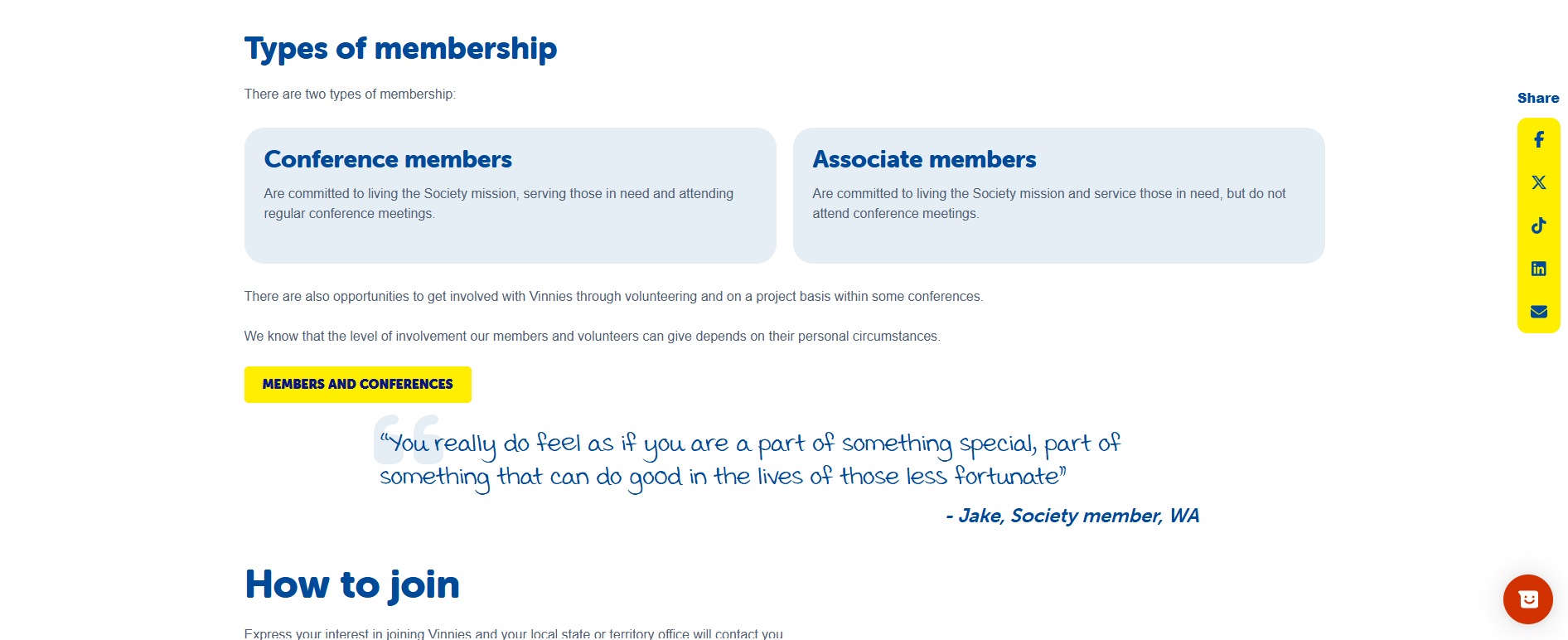 Types of membership page showing Conference and Associate members descriptions and a testimonial quote.