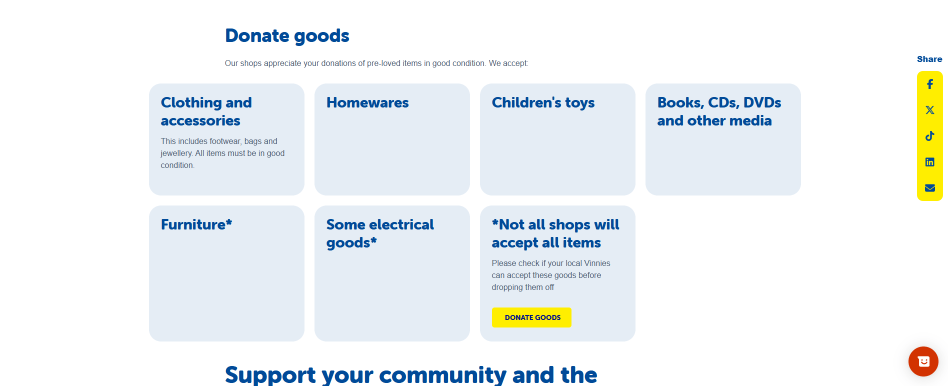 Donation categories listed including clothing, homewares, children's toys, media, furniture, and electrical goods.