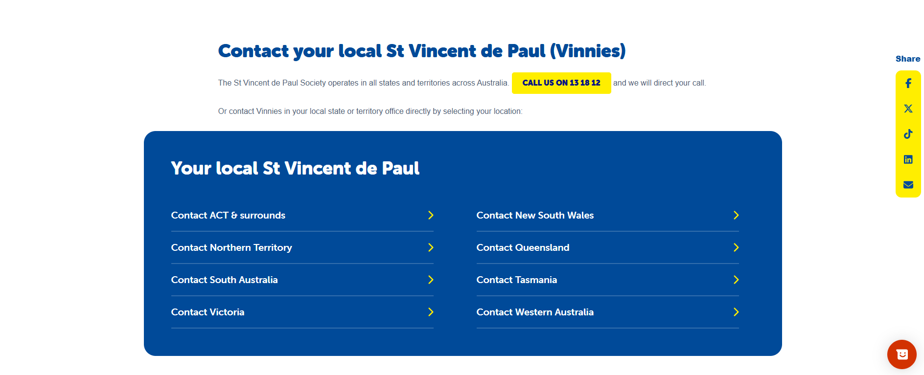 Contact information for St Vincent de Paul Society offices by Australian states and territories.