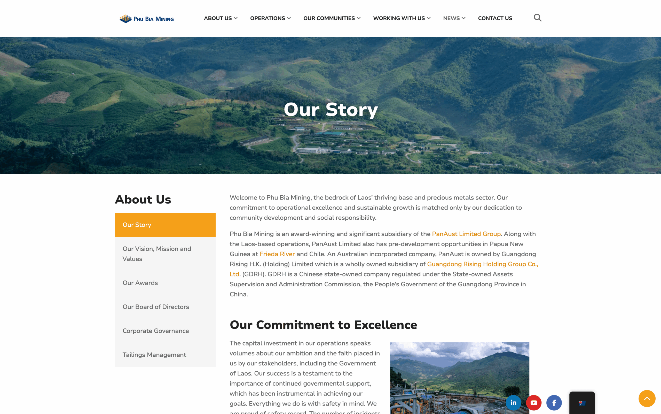 Phu Bia Mining website showing "Our Story" with mountainous landscape background.