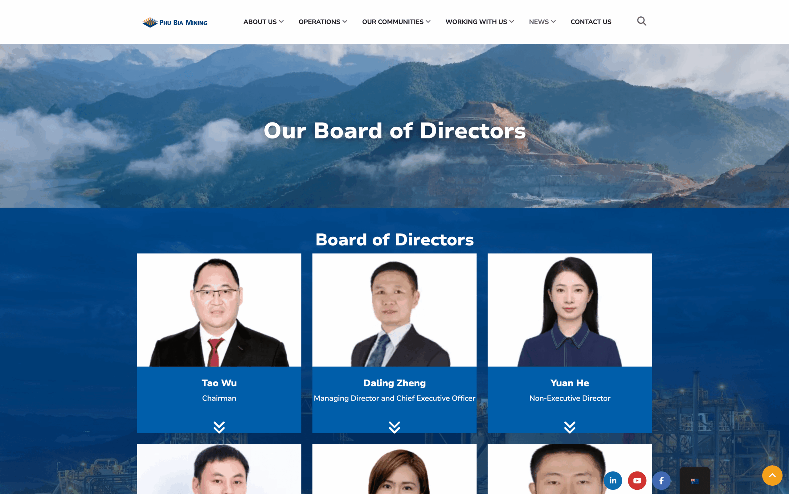 Board of Directors section on Phu Bia Mining website with portraits and titles of members.