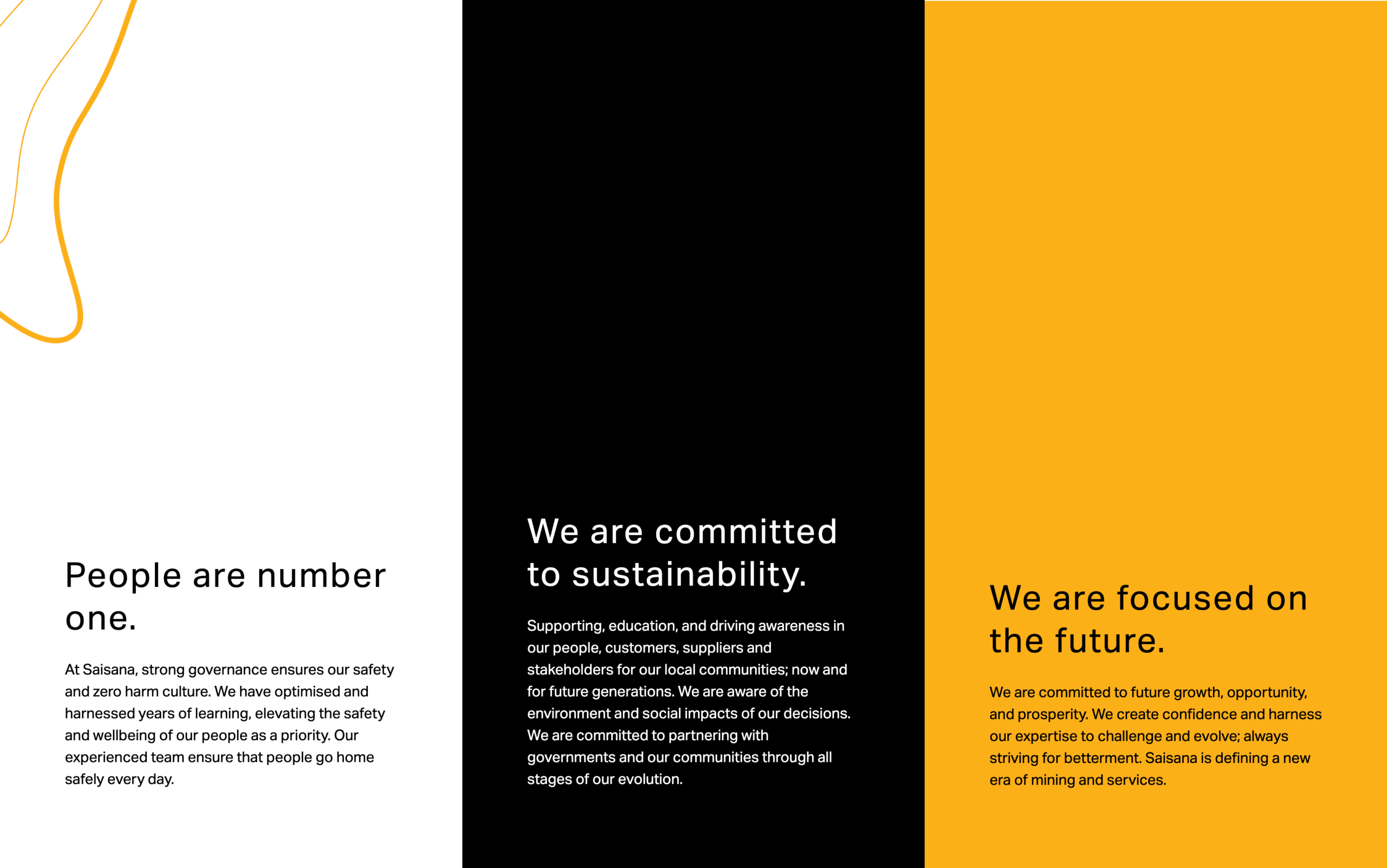 Three vertical panels with text on safety, sustainability, and future focus in black, white, and orange colors.