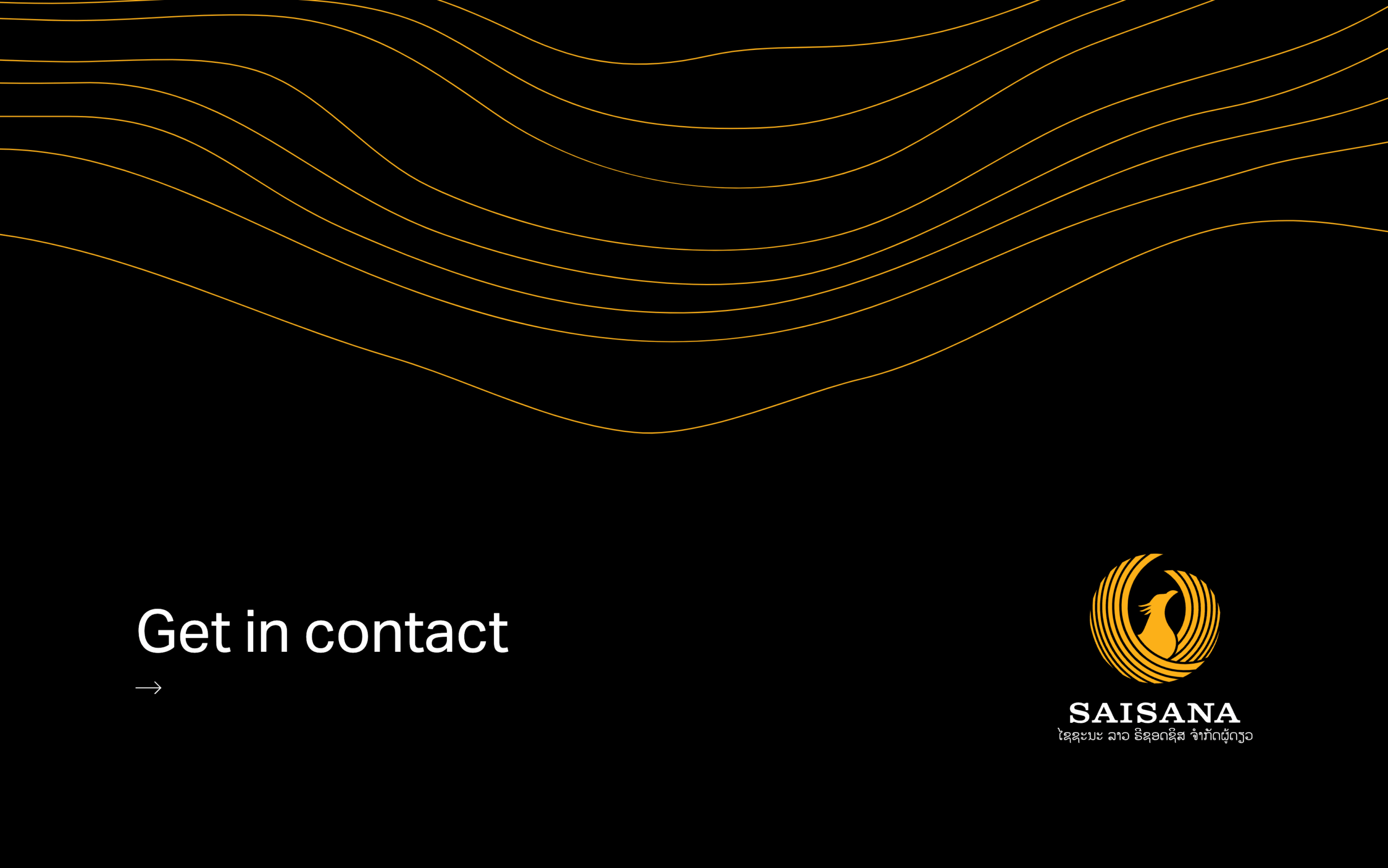 Black background with wavy orange lines, "Get in contact" text, and Saisana logo at bottom right.