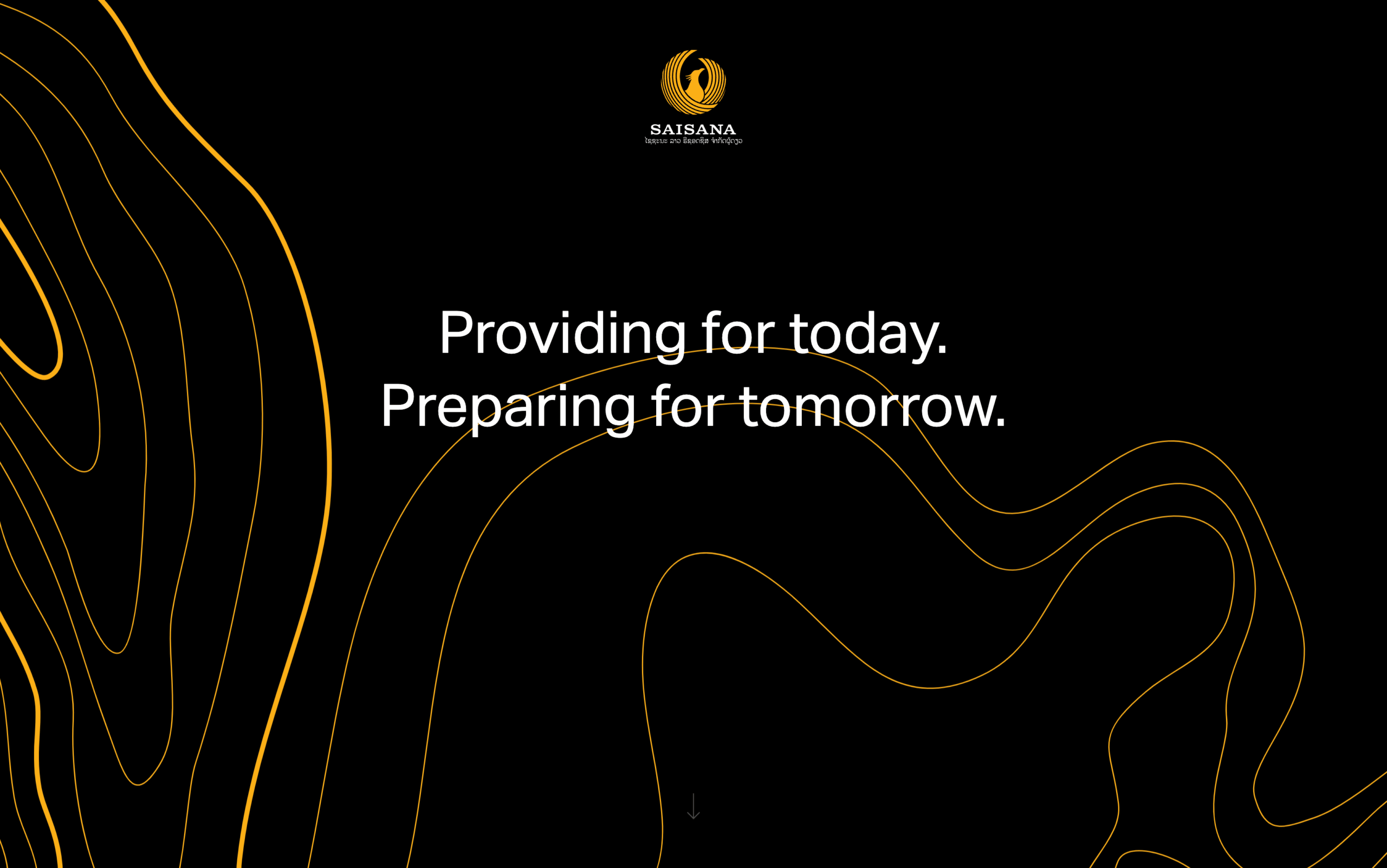 SAISANA logo with the slogan "Providing for today. Preparing for tomorrow" on a black background with orange contour lines.